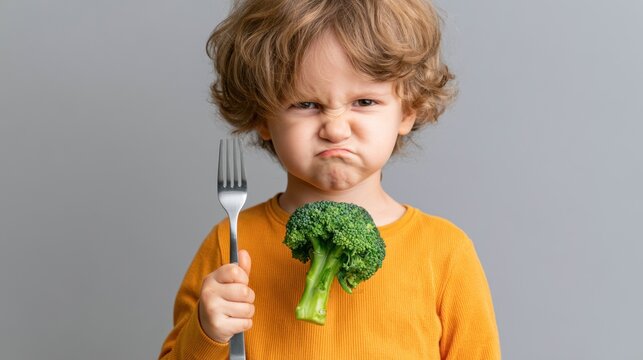 Child making a face at broccoli on a fork