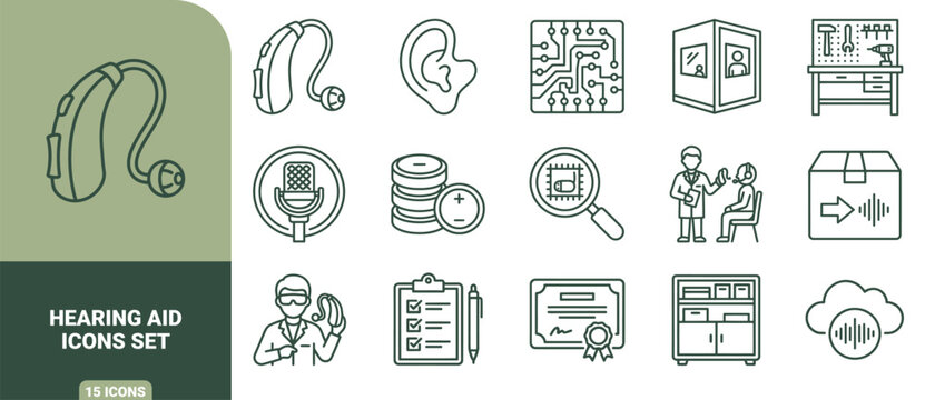 Hearing aid icons set, including bte devices, audiologist consultation, sound waves, electronic components, and medical equipment line