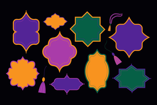 Islamic geometric frames collection traditional Arabic shapes with prayer beads for Ramadan celebration banners. Oriental decorative labels for greeting card backgrounds. Muslim mosque style borders 