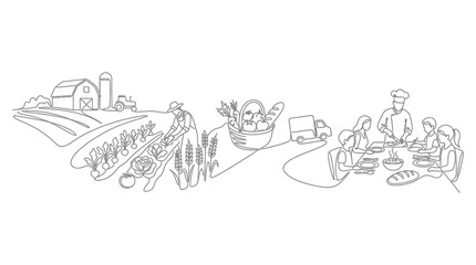 Fototapeta premium Continuous line drawing showing the journey of food from farm to table.