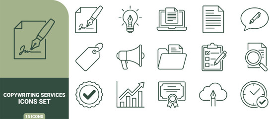 Fototapeta premium Set of 15 copywriting and marketing line icons, featuring fountain pens, documents, megaphone, checklist, and business growth symbols