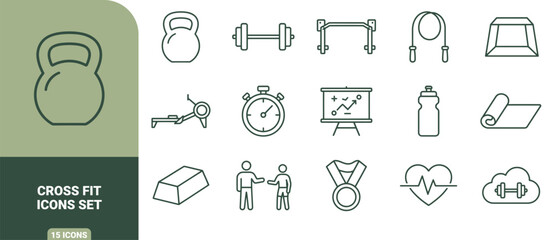 Fototapeta premium Set of 15 dark green outline fitness and cross fit icons featuring kettlebell, barbell, jump rope, stopwatch, water bottle, yoga mat, and heart rate