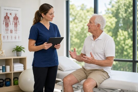 Professional Female Physiotherapist Consulting Senior Patient in Modern Rehabilitation Clinic