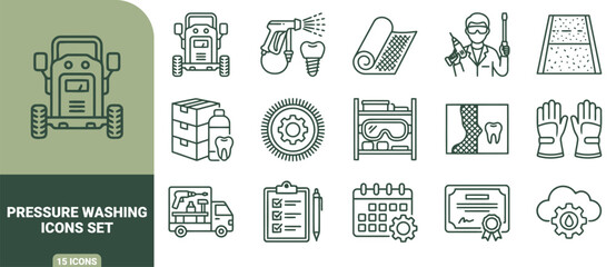 Fototapeta premium Set of 15 linear icons featuring dental tools, protective gear, maintenance equipment, and scheduling documents in dark green outline style