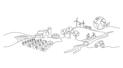 Fototapeta premium A continuous line drawing depicting a sustainable farm landscape with renewable energy sources.