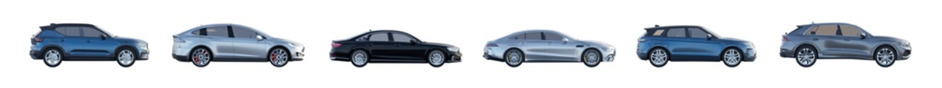 side view of unbranded modern cars in daylight lighting isolated png on a transparent background premium cutout (car side cutouts, vehicle elevation assets)