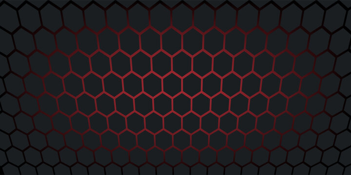 Abstract dark hexagon pattern on red neon background tech style.