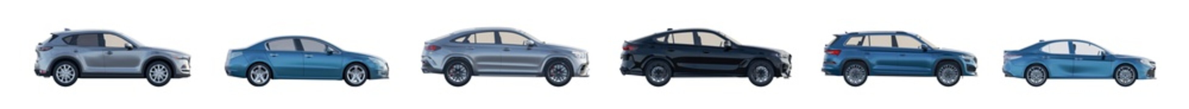 side view of unbranded modern cars in daylight lighting isolated png on a transparent background premium cutout (car side cutouts, vehicle elevation assets)