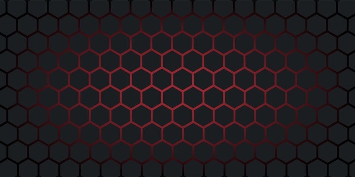 Abstract dark hexagon pattern on red neon background tech style.