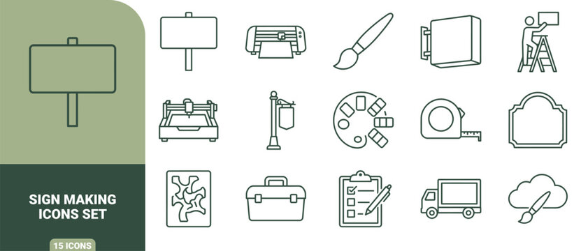 Set of 15 sign making and production line icons, featuring tools, equipment, signage, and installation symbols in dark green outline style