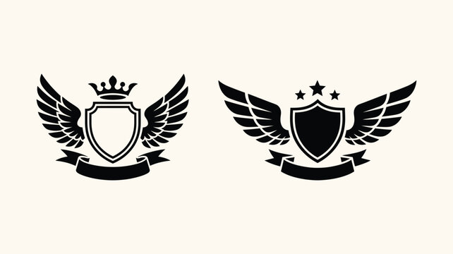 Heraldic shield emblems with wings crown and stars vector illustration.