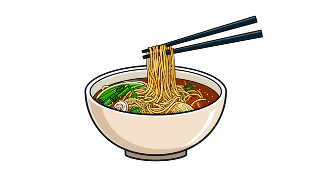 Bowl of steaming ramen noodles with chopsticks lifting noodles