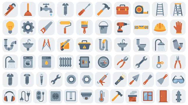 Tools set displays a comprehensive collection of construction and maintenance hardware icons in a grid pattern.
