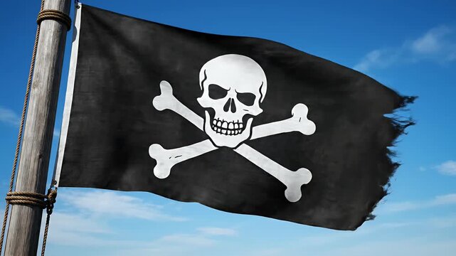 Pirate flag with skull and crossbones waving on a pole against a clear blue sky, representing adventure and danger