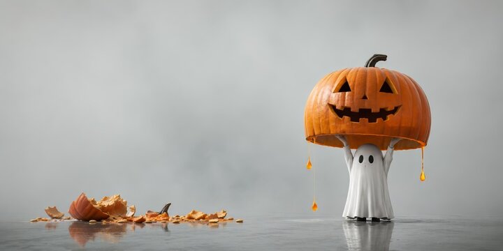 Happy halloween 2027 ghost lifts a dripping jack o lantern canopy above its head beside broken pumpkin shells on a gray floor, creating a surreal minimalist strength scene with open copy space.