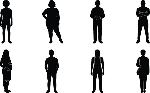 Diverse group of people silhouettes representing different body types, pregnancy, and casual standing poses