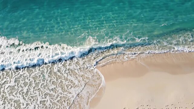 Aerial view of turquoise ocean waves crashing on a pristine white sandy beach in a tropical paradise