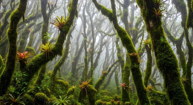 Enchanting misty forest with mossy trees and tropical bromeliads