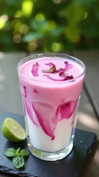 Pink swirls dance in a glass of creamy drink. Lime wedge rests beside fresh mint leaves. Green foliage softly blurs in background light. Glass sits on dark stone surface outdoors