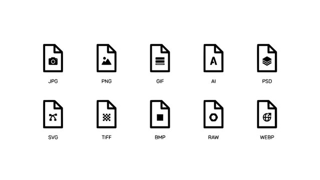 File Icons Representing Different Image File Formats in a Set of Ten Featuring Jpg, Png, Oif with Ai and Psd Elements for Svg, Tiff Projects, Clean
