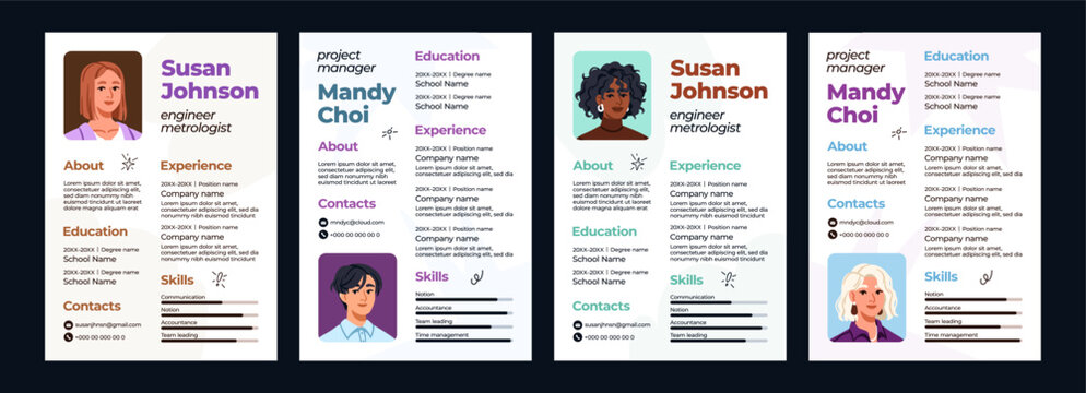 Resume, CV templates set. Curriculum vitae layouts with photo, about, experience sections. Job application designs with female applicants portraits. Personal work profiles. Flat vector illustrations