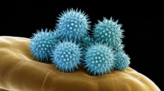 Microscopic Blue Pollen Grains on Organic Surface