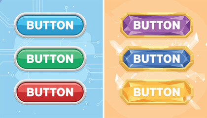 Fototapeta premium Creative game interface buttons featuring glossy rounded rectangles and faceted gemstone designs in vibrant colors.