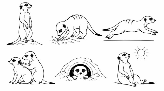 Meerkat set of ink sketches showing various behaviors and poses