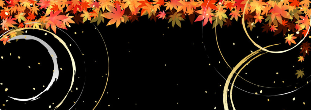 鮮やかなグラデーションの紅葉と漆黒の背景に映る水紋のような和風背景イラスト
