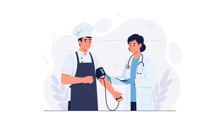 Obraz premium Chef receiving a blood pressure check from a doctor, representing health and wellness in the culinary profession.