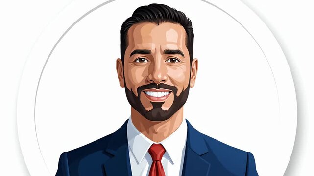Animated businessman portrait with smiling face, blue suit, and red tie, professional corporate profile illustration, looping motion graphic