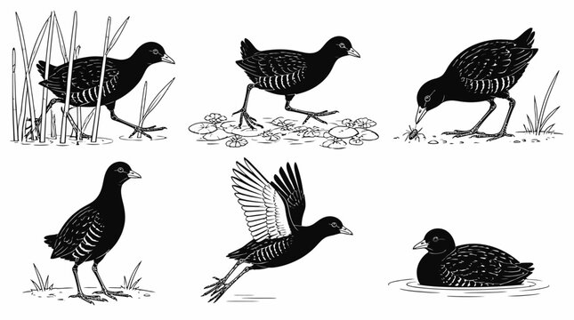 Black Coot Bird Set in Various Poses and Natural Wetland Behaviors