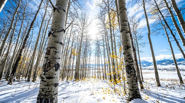 Sunlight streaming through a winter forest of white aspen trees