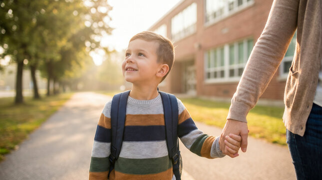 A young boy holding his mother's hand while walking to school on a autumn morning.