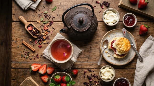 Traditional afternoon tea with scones, jam, cream, and hot tea on a wooden table