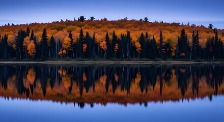 Stunning autumn forest reflection on a calm lake at twilight © Muhammad Babar Khan