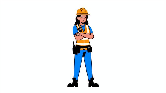 Construction worker woman in hard hat and safety vest standing with arms crossed, ready for work, industrial setting
