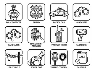Police Icon Set: Officer, Patrol Car, Handcuffs, Fingerprint, Dog, Traffic Control © triyanto