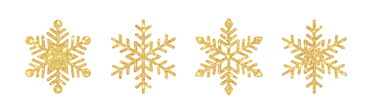 Gold glitter snowflake set. Isolated PNG shimmering gold snowflake ornament with sparkling glitter effects for Christmas cards