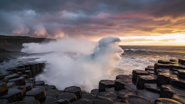 Dramatic ocean waves crashing against hexagonal basalt columns at sunset dramatic sky rocky coastline footage