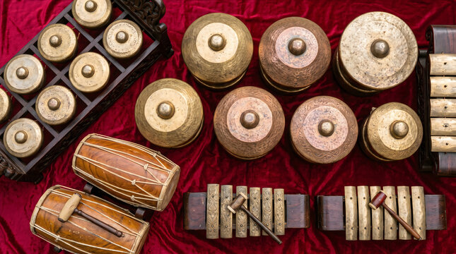 Traditional Indonesian Gamelan Musical Instruments on Red Velvet