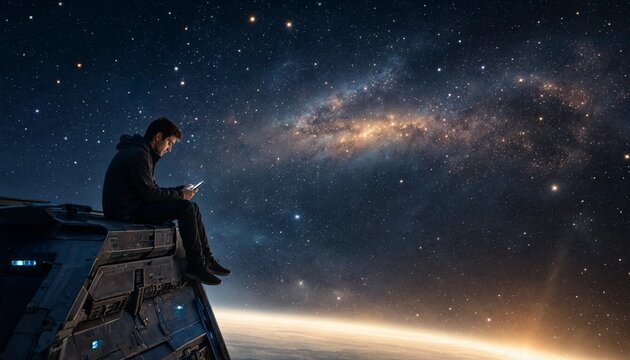 Silhouette of a man sitting on a rooftop edge and using a smartphone under a starry galaxy sky, digital connection and solitude concept, science fiction art.
