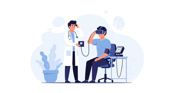 Doctor checking patient's health with virtual reality headset and medical equipment, innovative healthcare concept