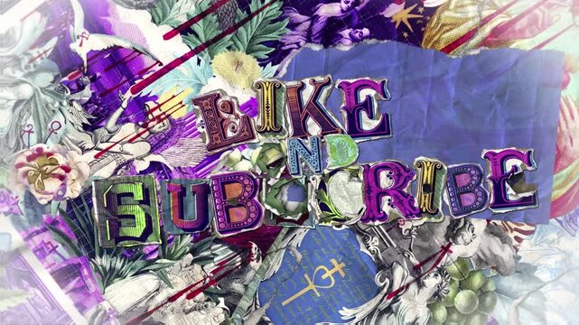 A vibrant paper vintage ephemera print style background and like and subscribe caption that continually animates into place from torn paper pieces.
