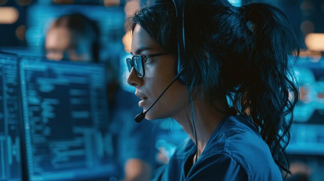 Professional female cybersecurity analyst working in a modern security operations center while monitoring computer systems and digital networks. Perfect for cybersecurity, IT security, cyber defense, 
