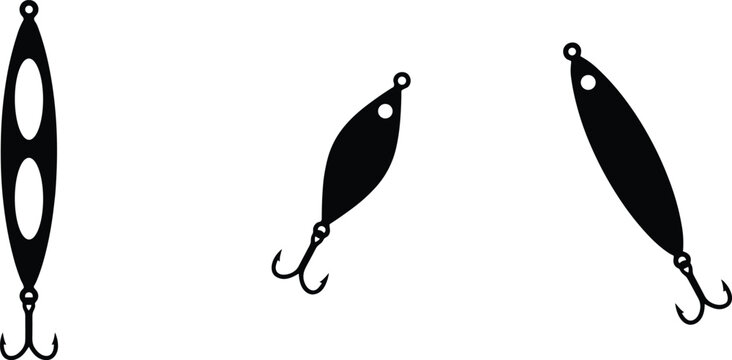 Black fishing lure spoon bait silhouette icon set with hooks flat vector illustration isolated on white background