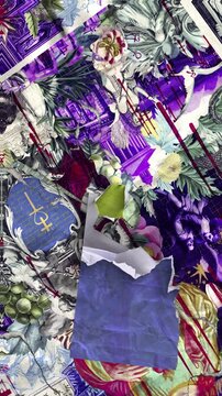 A vibrant paper vintage ephemera print style background that continually animates into place from torn paper pieces.

