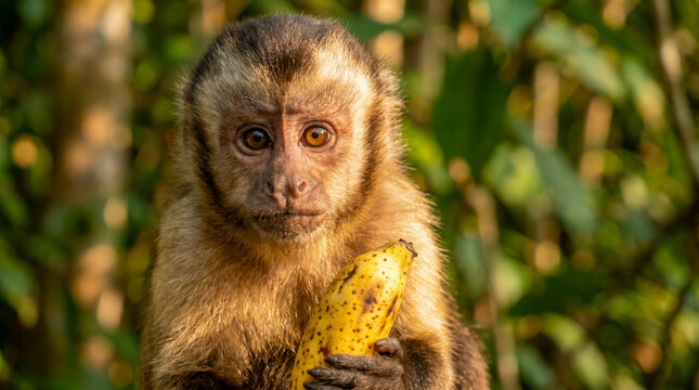 A close up portrait of a cute capuchin monkey holding a banana in the jungle.
