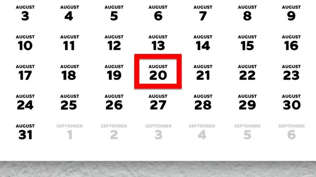 Red cursor highlighting August 20th on a 2026 wall calendar page