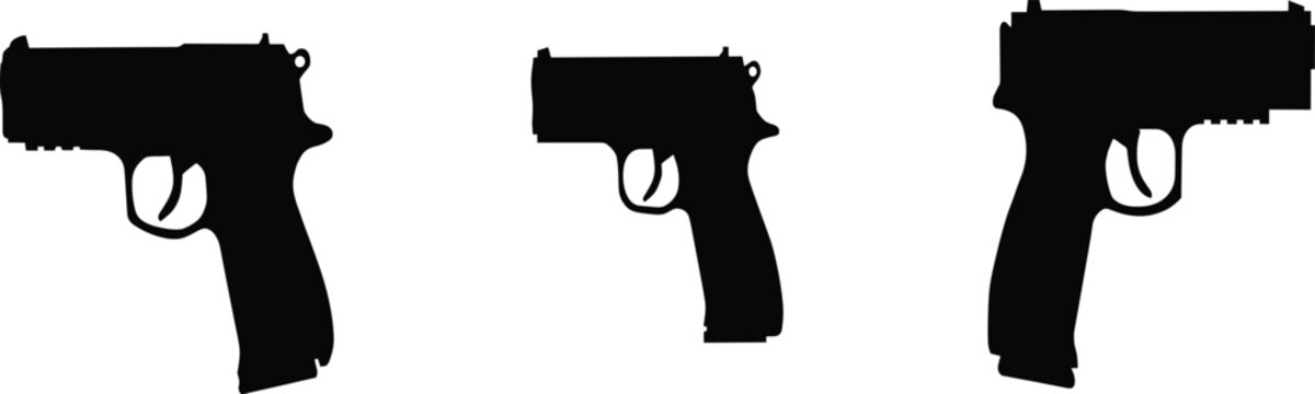 Black handgun pistol silhouette icon set firearm weapon flat vector illustration isolated on white background